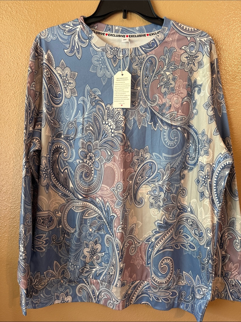 Exclusive Paisley Print Long-Sleeve Blouse in Blue & Pink